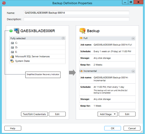 Simplified Disaster Recovery indicator is ON in the Backup Definition Properties dialog box