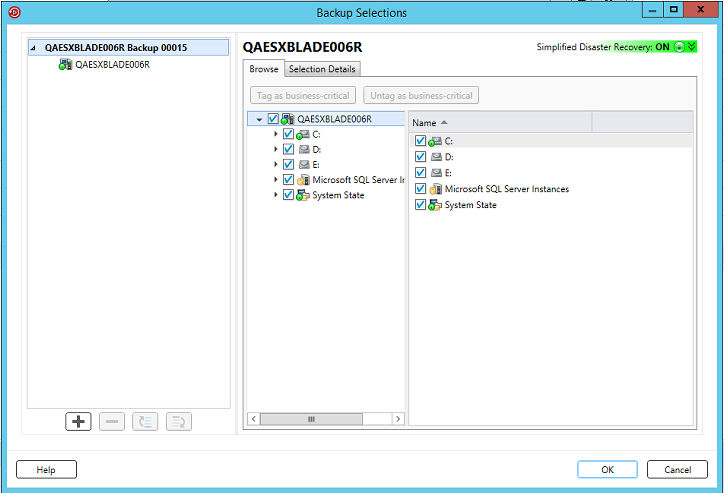 Simplified Disaster Recovery indicator is ON in the Backup Selections dialog box