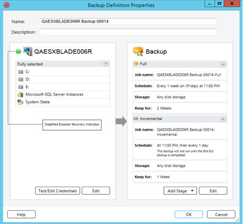 Simplified Disaster Recovery indicator is ON in the Backup Definition Properties dialog box