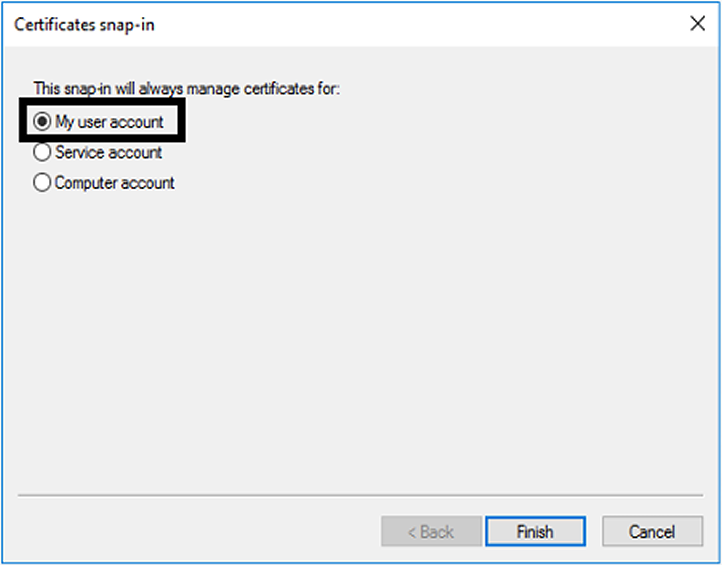 Certificates snap-in dialog box - My user