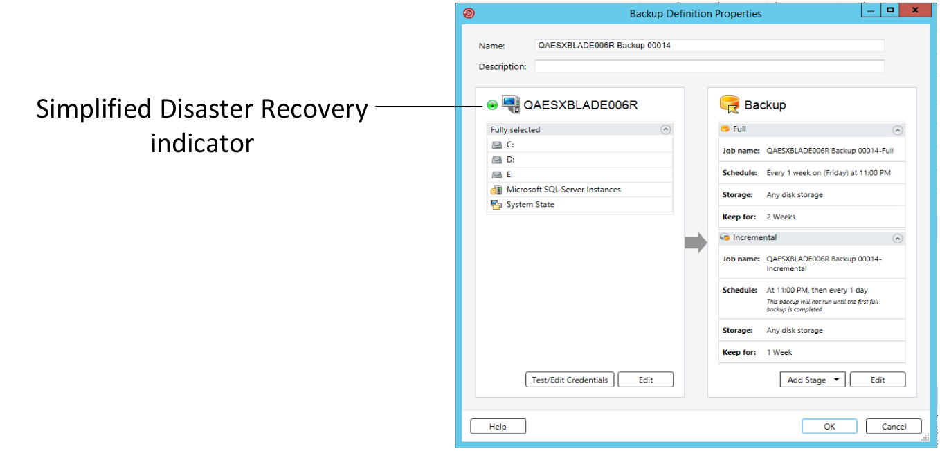 Simplified Disaster Recovery indicator is ON in the Backup Definition Properties dialog box